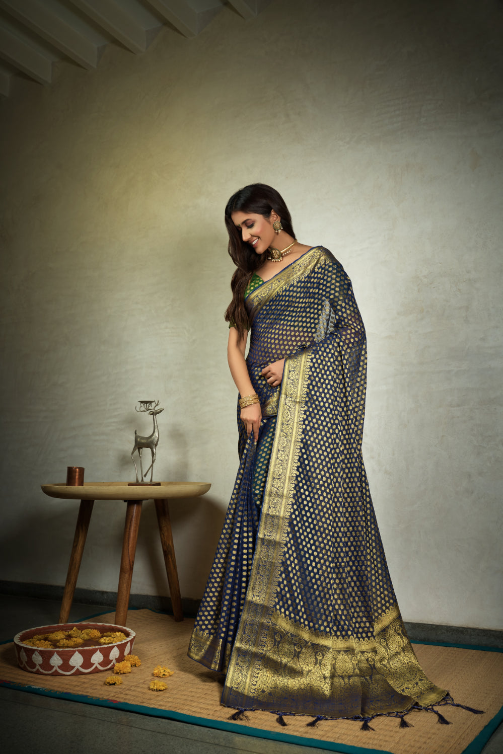 Vardha Indigo Blue Golden Zari Banarasi Chiffon Saree