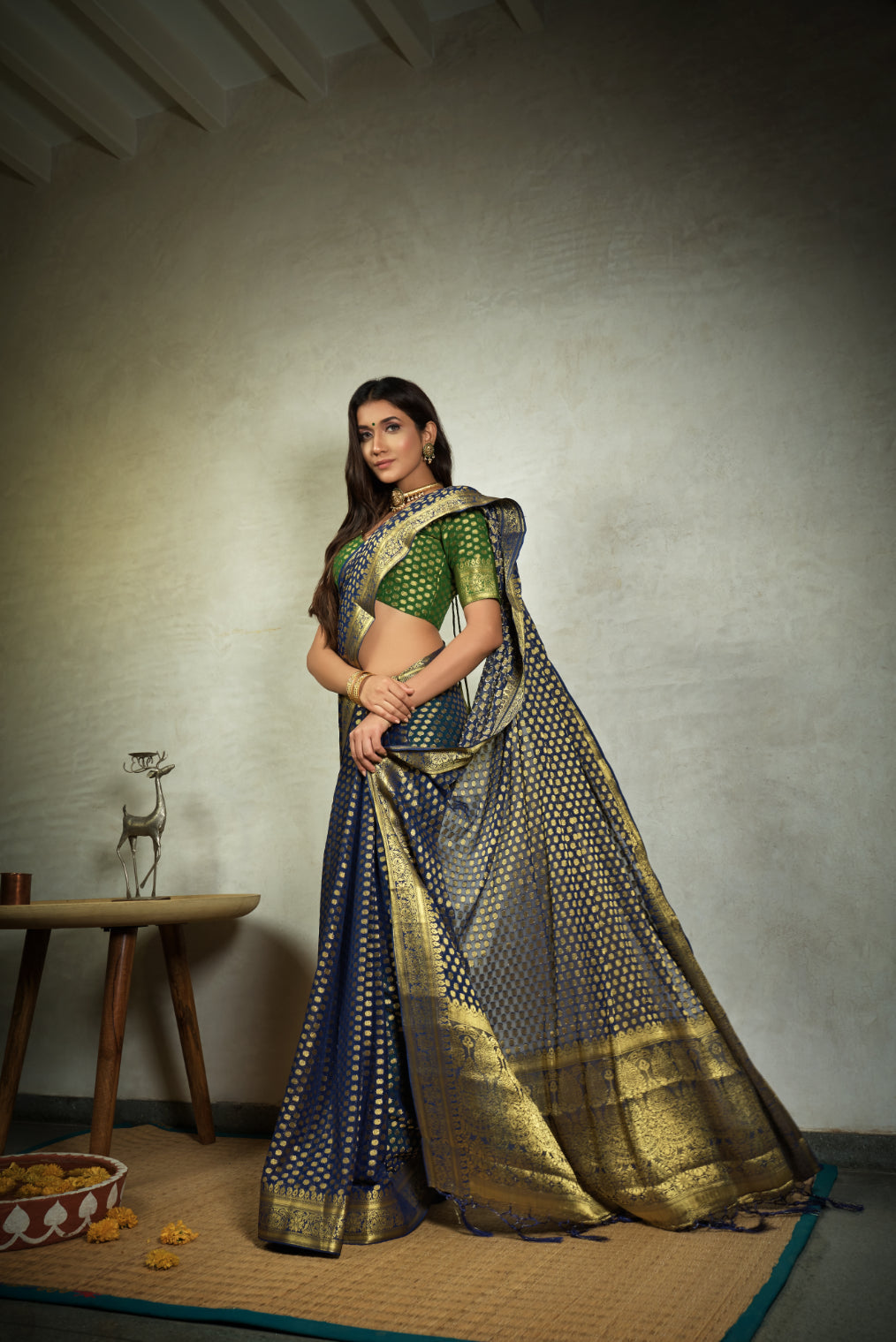 Vardha Indigo Blue Golden Zari Banarasi Chiffon Saree