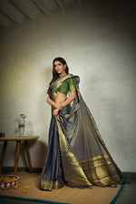 Thumbnail for Vardha Indigo Blue Golden Zari Banarasi Chiffon Saree