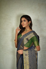 Thumbnail for Vardha Indigo Blue Golden Zari Banarasi Chiffon Saree