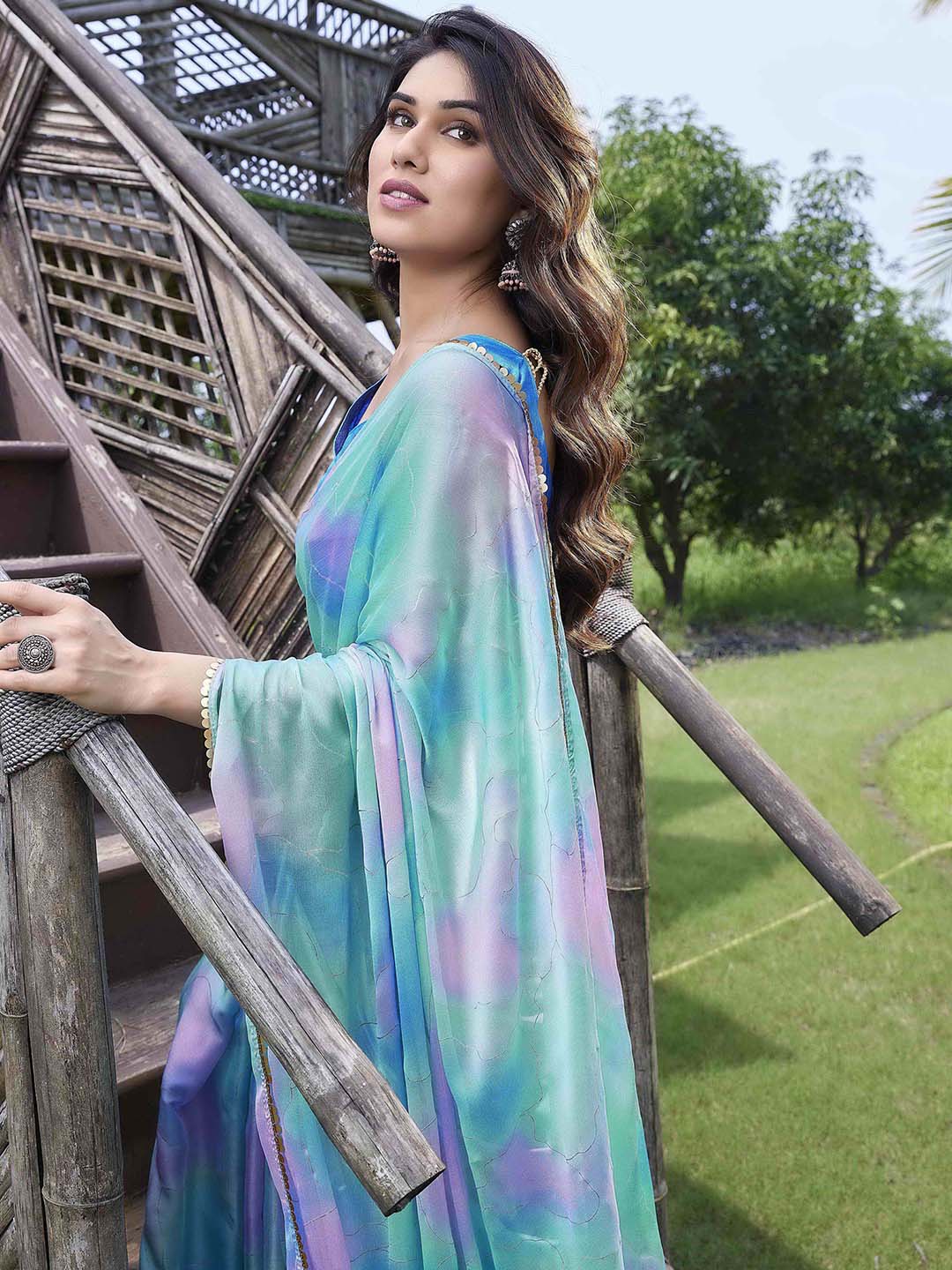 Kalini Teal & Blue Tie and Dye Saree - Distacart