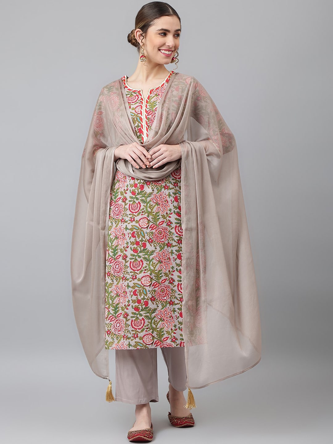 Khushal K Women Grey Floral Printed Kurta with Trousers & With Dupatta - Distacart