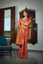Thumbnail for Vardha Rose Red Golden Zari Banarasi Chiffon Saree