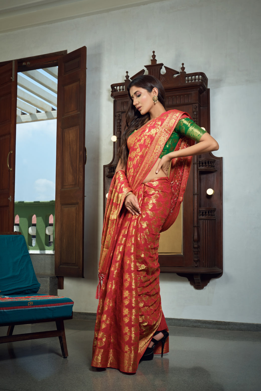 Vardha Rose Red Golden Zari Banarasi Chiffon Saree