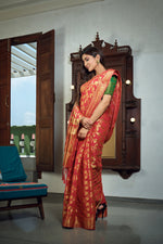 Thumbnail for Vardha Rose Red Golden Zari Banarasi Chiffon Saree