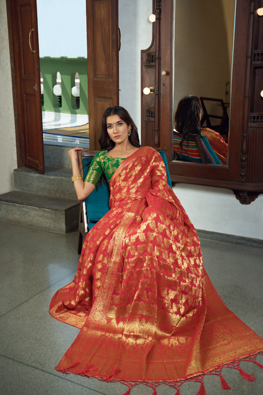 Vardha Rose Red Golden Zari Banarasi Chiffon Saree