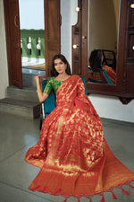 Thumbnail for Vardha Rose Red Golden Zari Banarasi Chiffon Saree