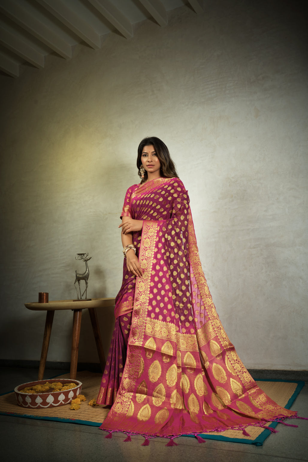 Vardha Magenta Pink Golden Zari Banarasi Chiffon Saree