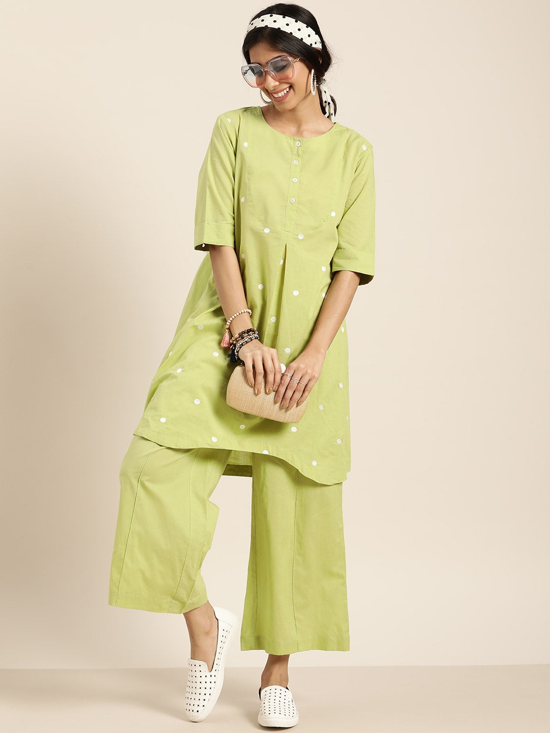Sangria Women Green & White Embroidered Pure Cotton Asymmetric Kurta with Palazzos - Distacart