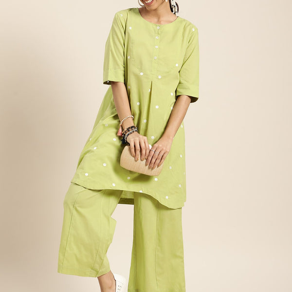 Sangria Women Green & White Embroidered Pure Cotton Asymmetric Kurta with Palazzos - Distacart