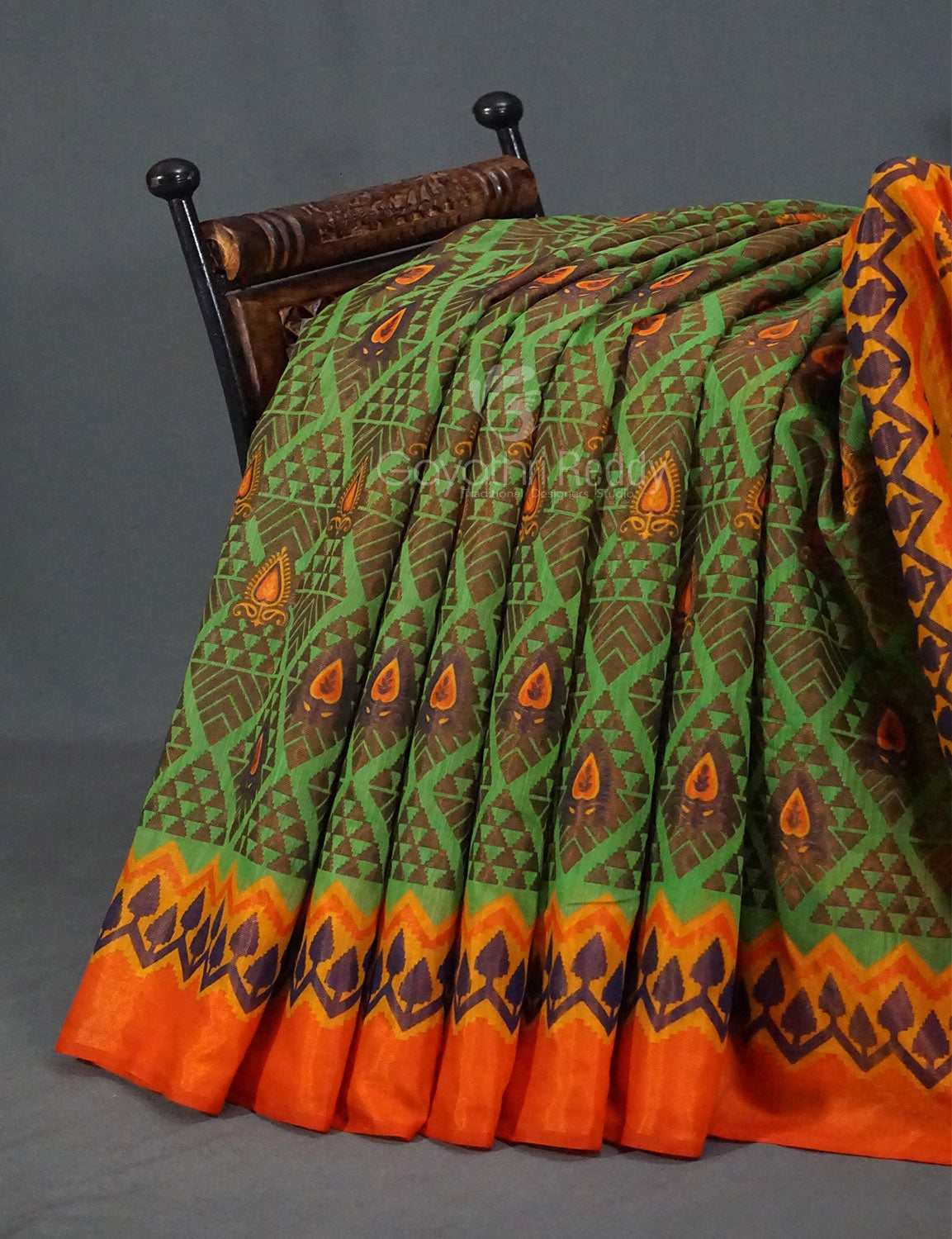 Parrot Green Printed Cotton Brasso Saree By Gayathri Reddy Designer Studio - Distacart
