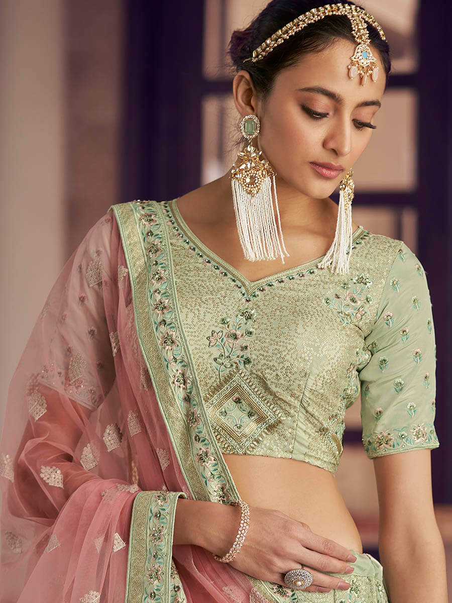 Myra Pista Green Crepe Embroidered Lehenga - Distacart