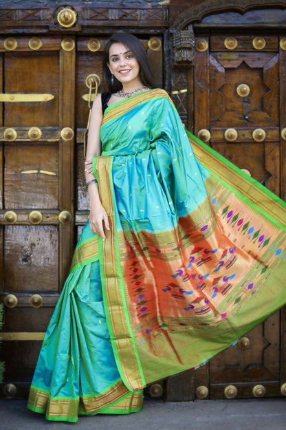 Very Much Indian Pure Silk Handloom Paithani -Dual Tone Blue Green - Distacart
