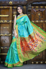 Thumbnail for Very Much Indian Pure Silk Handloom Paithani -Dual Tone Blue Green - Distacart