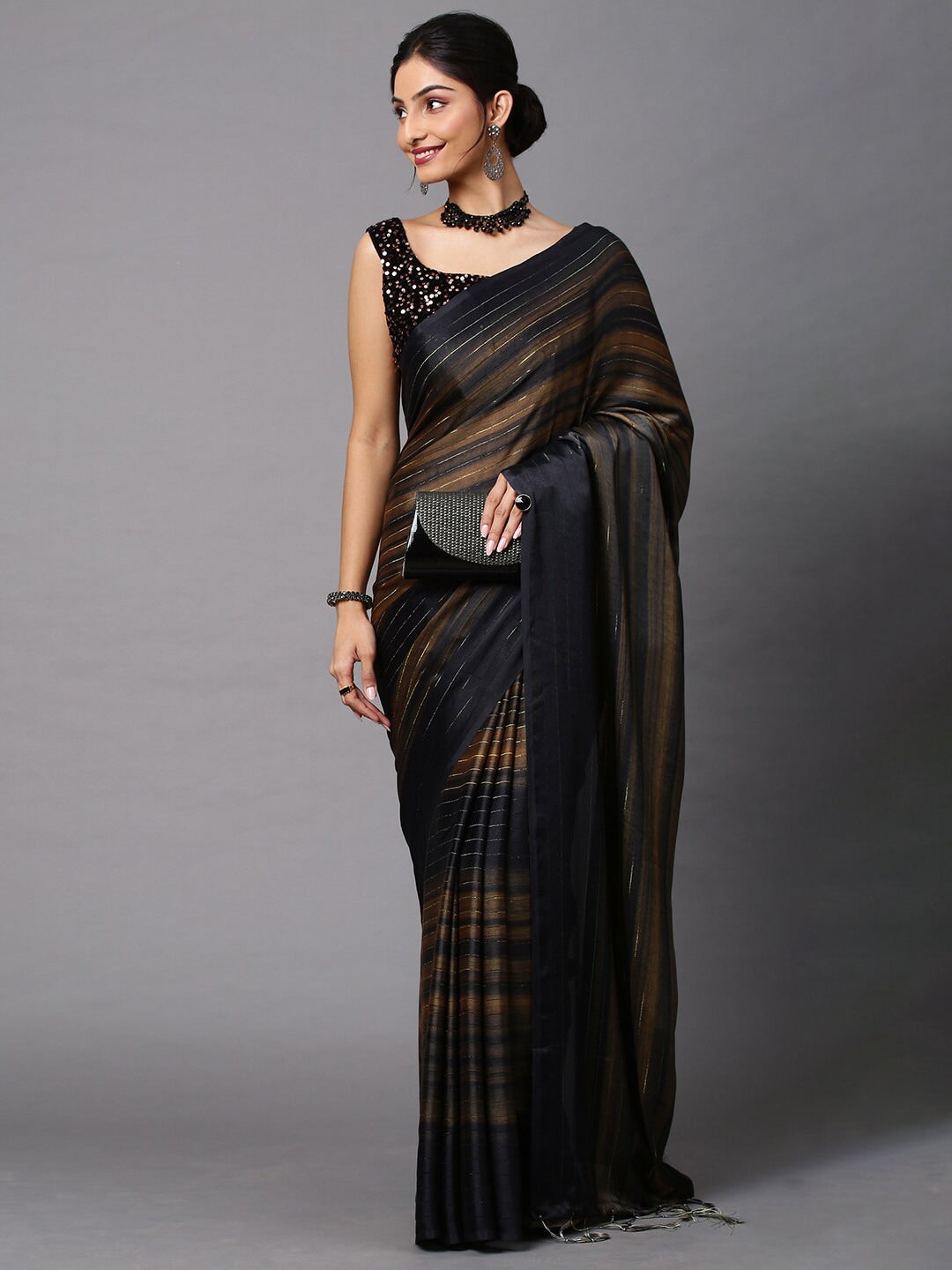 Mitera Black & Tan Striped Party Wear Saree - Distacart