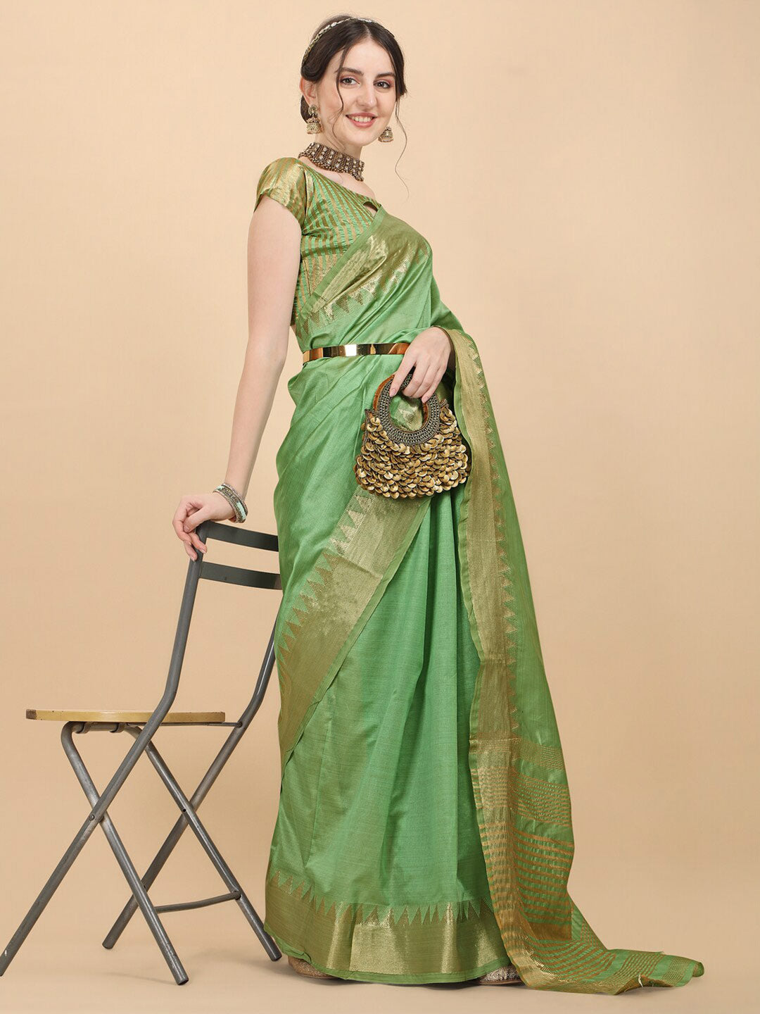 Kalini Green & Gold-Toned Woven Design Zari Silk Blend Banarasi Saree - Distacart