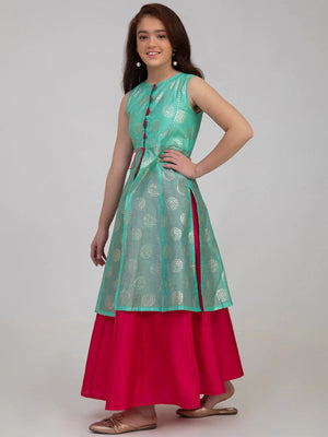 NOZ2TOZ Sea Green & Pink Printed Foil Print Ready to Wear Lehenga Choli For Girls - Distacart