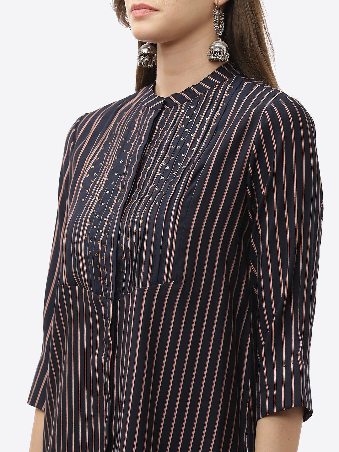 Biba Women Navy Blue Striped Panelled Kurti with Trousers - Distacart