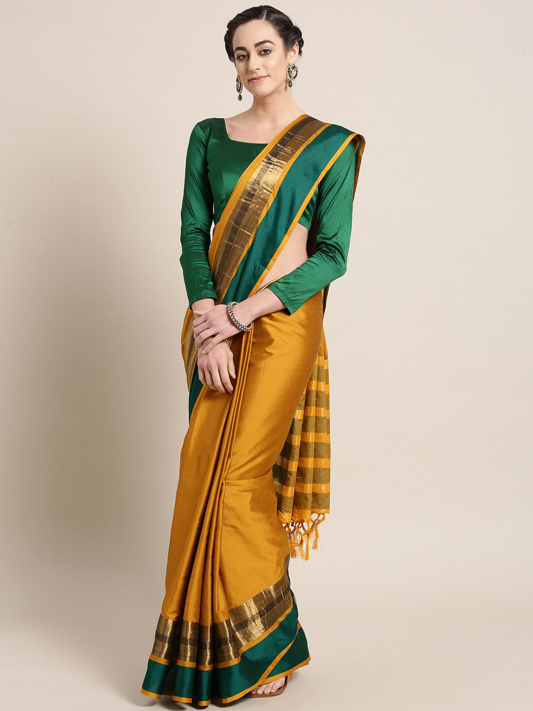 Saree Mall Mustard Yellow & Green Solid Saree - Distacart