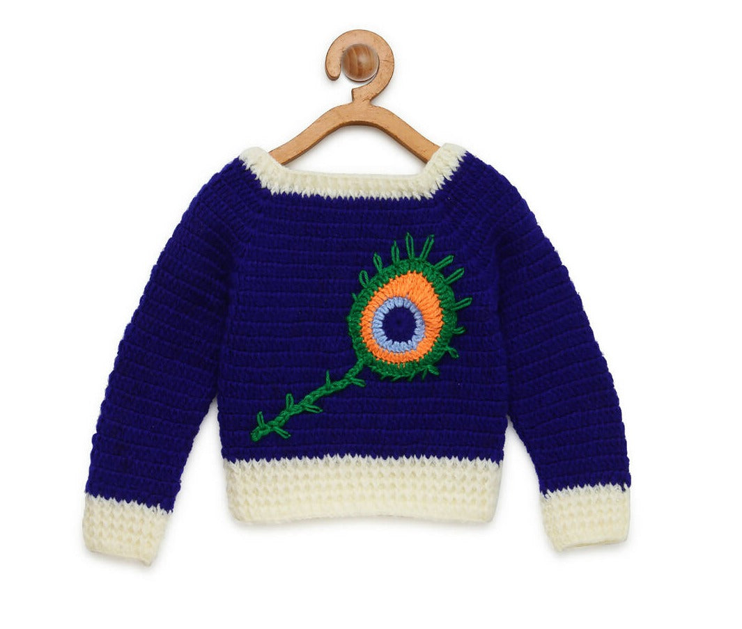 Chutput Kids Blue Coloured Solid Pullover For Baby Boys with Peacock Applique Detail - Distacart