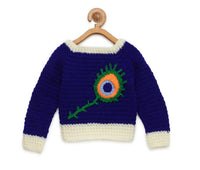Thumbnail for Chutput Kids Blue Coloured Solid Pullover For Baby Boys with Peacock Applique Detail - Distacart