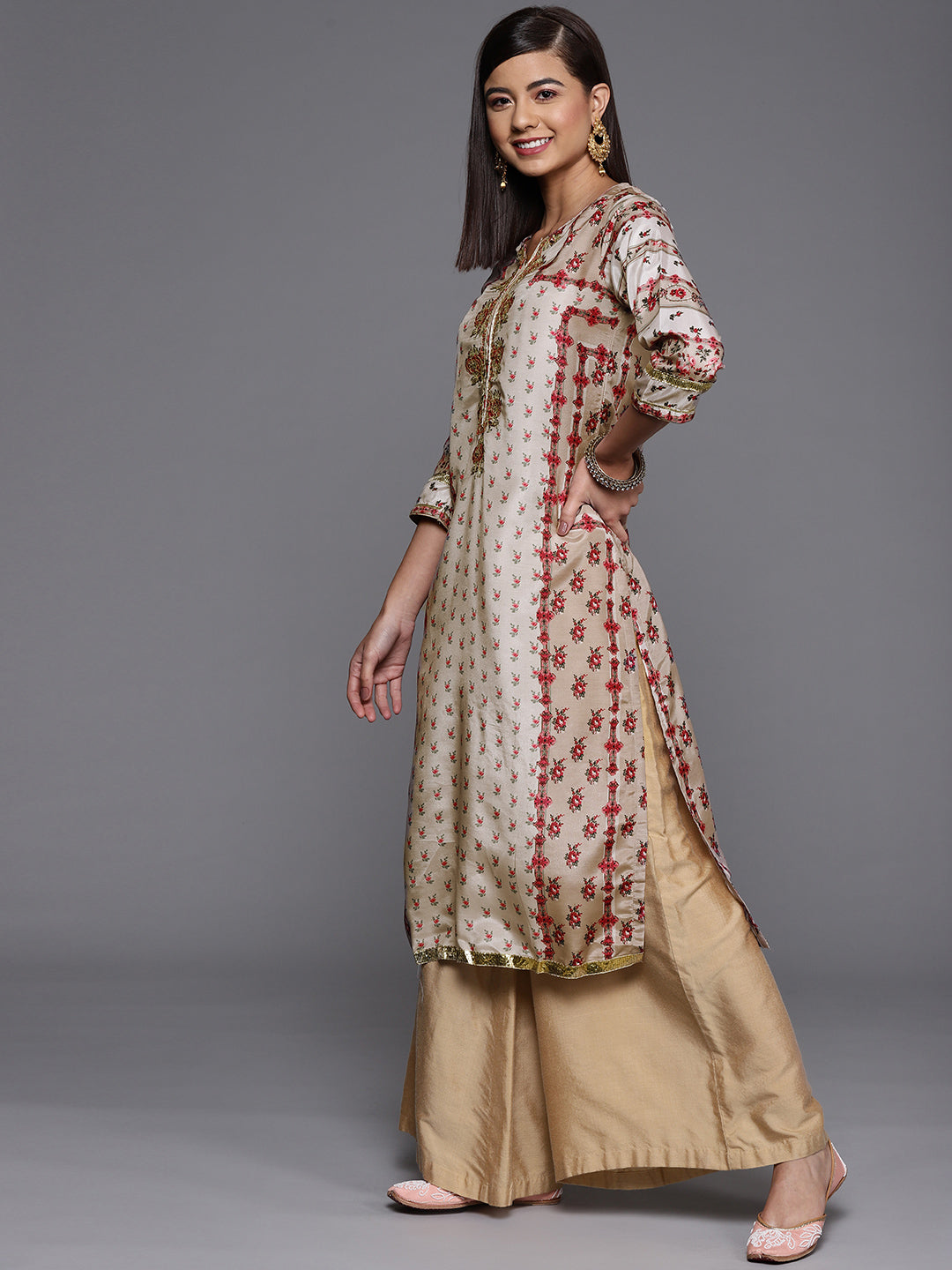 Biba Women Grey & Red Floral Printed Extended Sleeves Kurta - Distacart