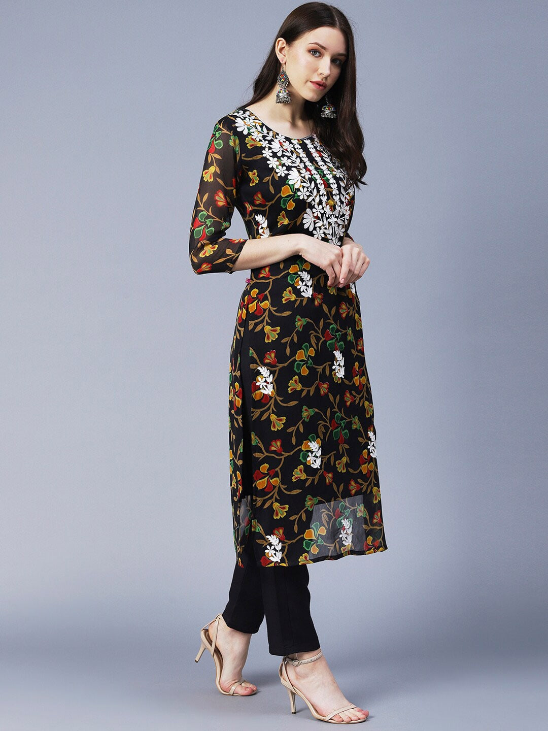 Kalini Women Floral Printed Georgette Chikankari Embroidery Kurti - Distacart