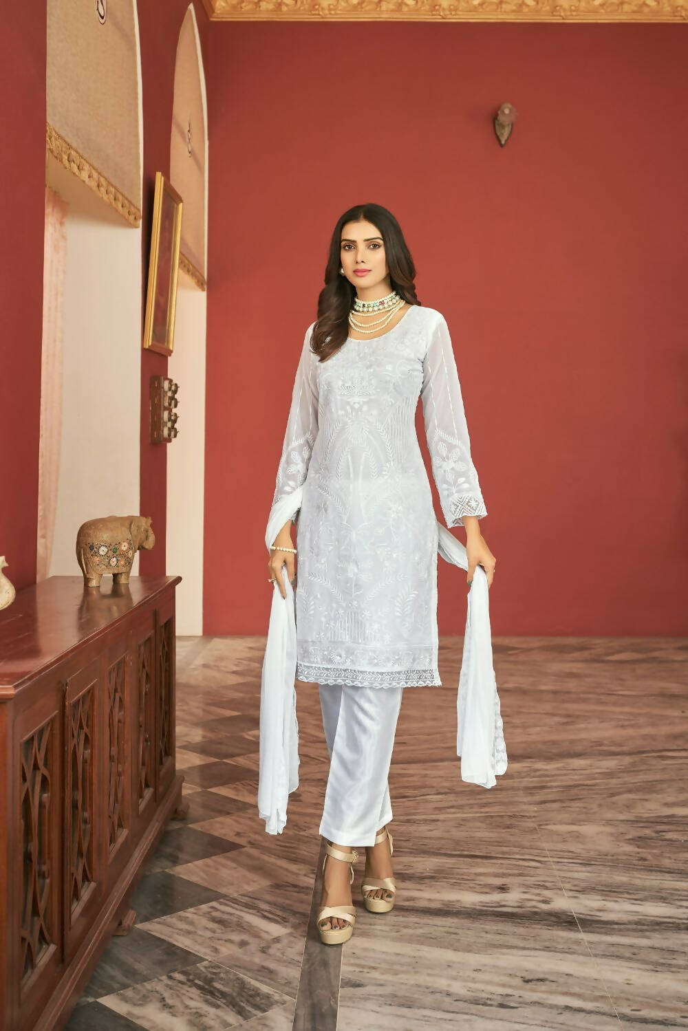 White Heavy Faux Georgette Embroidered Semi Stitched Suit - Dhvani - Distacart