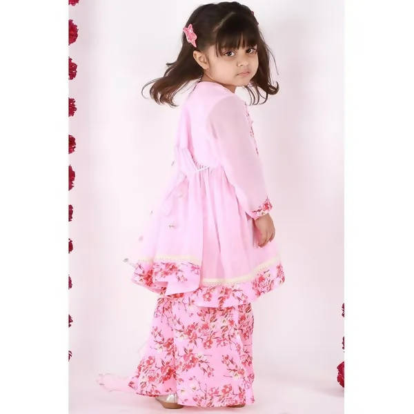 Little Bansi Pink Floral print Kurta Frock with Floral Plazzo and Dupatta