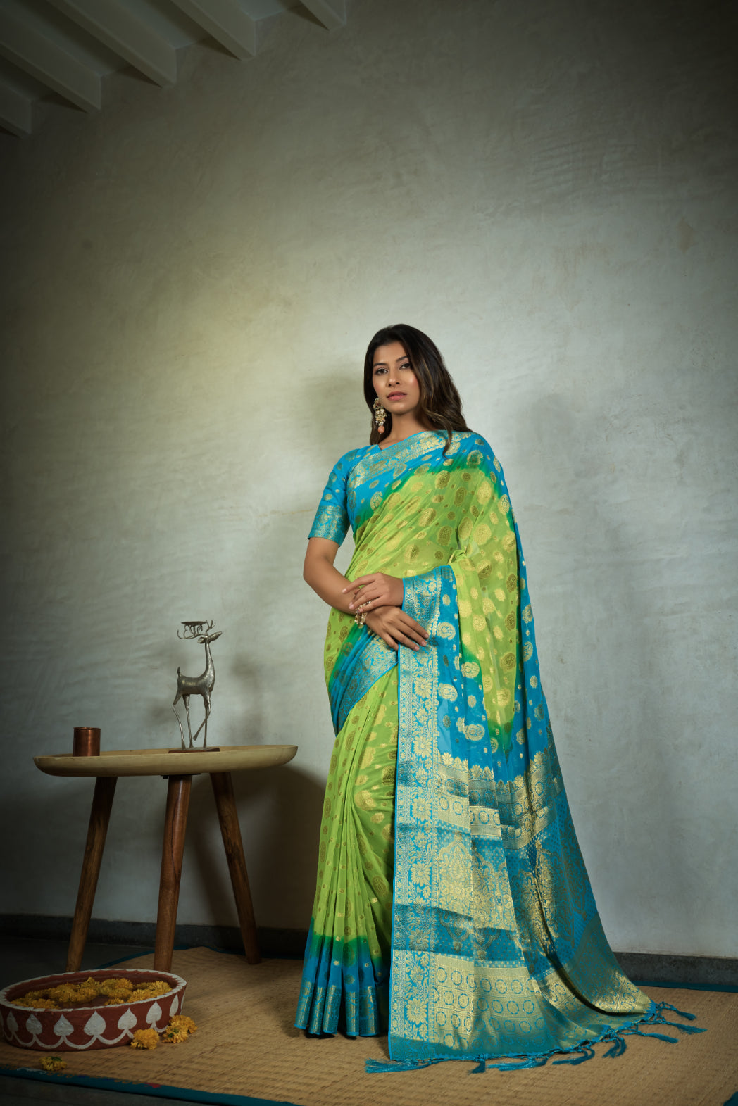 Vardha Lime Green Golden Zari Banarasi Chiffon Saree