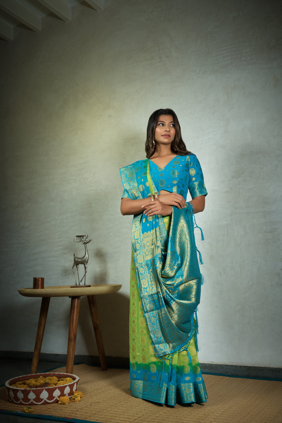 Vardha Lime Green Golden Zari Banarasi Chiffon Saree