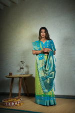 Thumbnail for Vardha Lime Green Golden Zari Banarasi Chiffon Saree