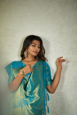 Thumbnail for Vardha Lime Green Golden Zari Banarasi Chiffon Saree