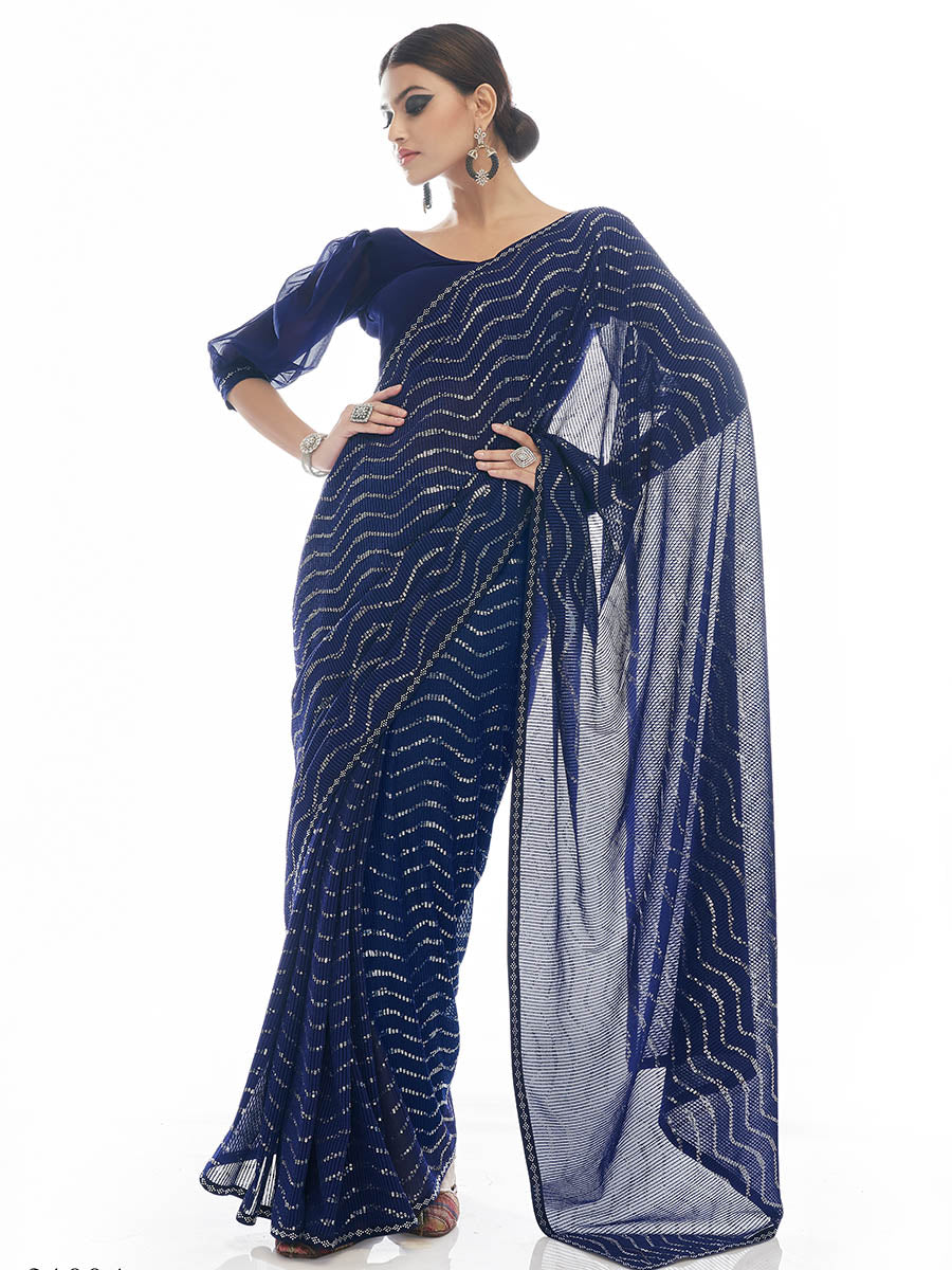 Myra Navy Blue Georgette Embroidered Designer Saree - Distacart