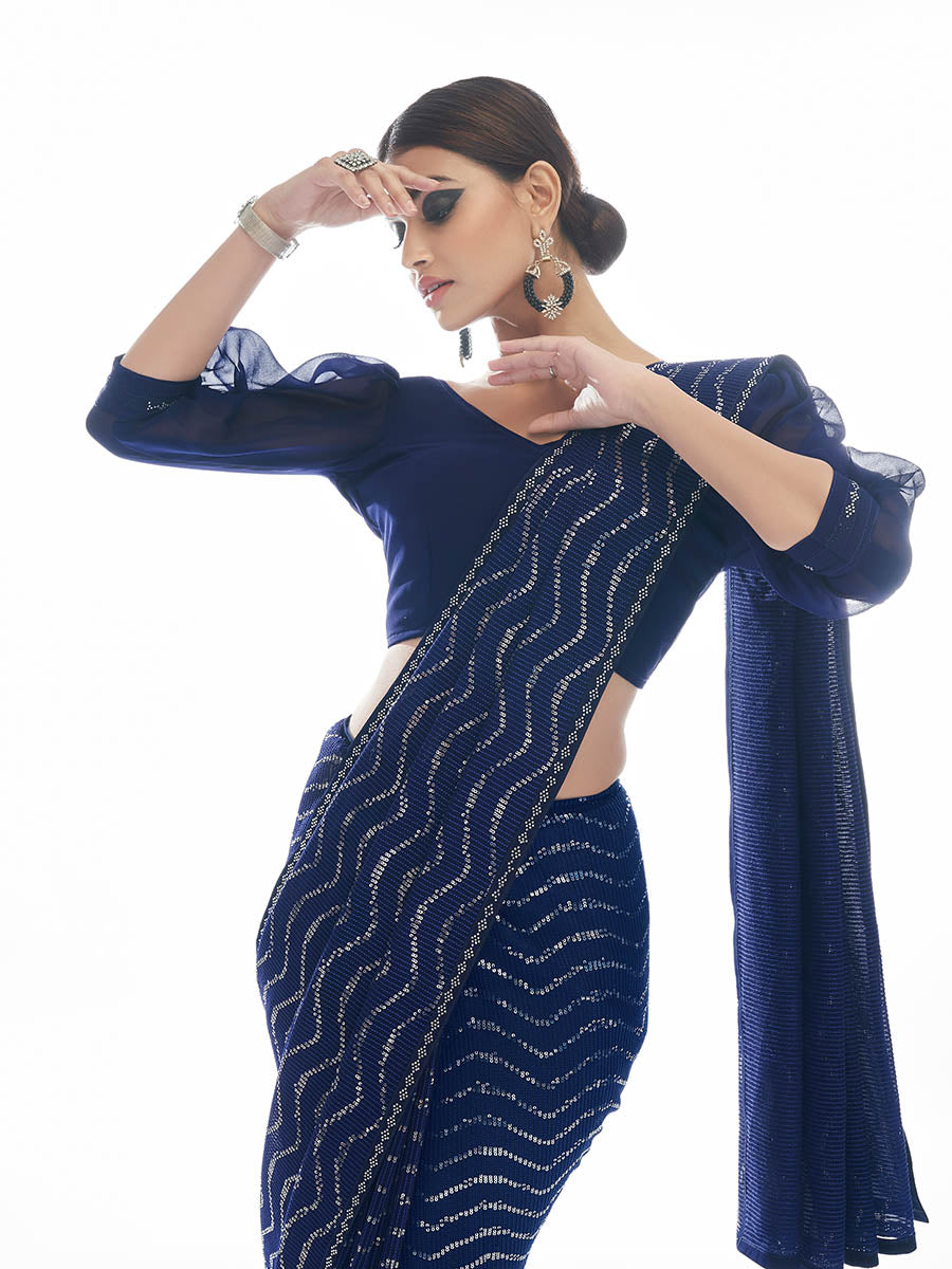 Myra Navy Blue Georgette Embroidered Designer Saree - Distacart
