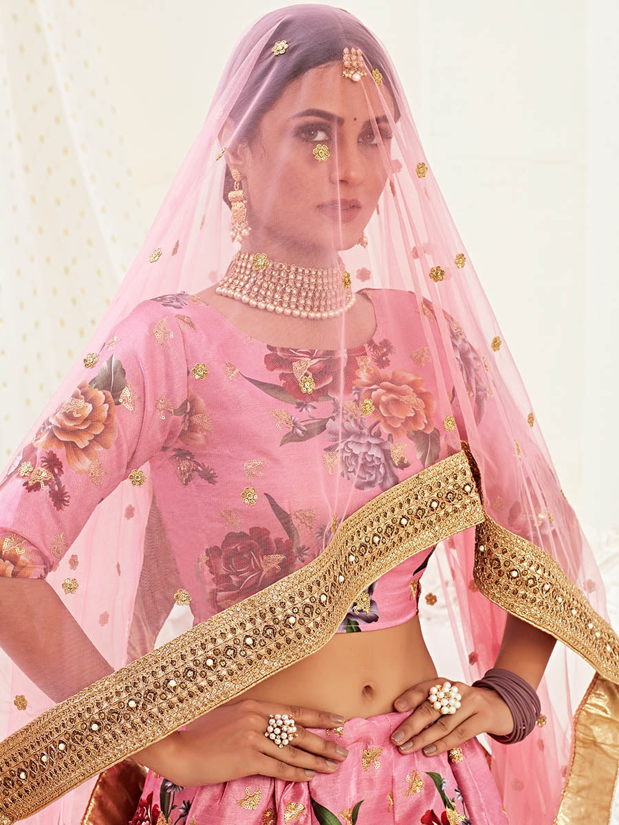 Myra Pink Floral Print Embroidered Designer Lehenga - Distacart