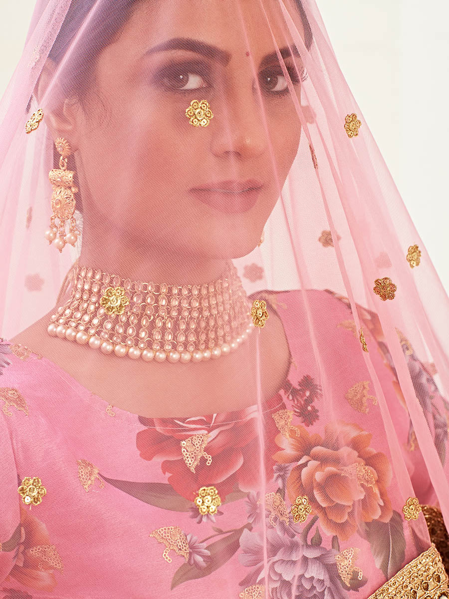 Myra Pink Floral Print Embroidered Designer Lehenga - Distacart