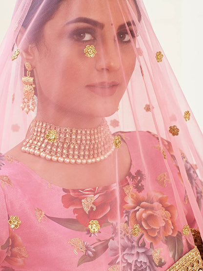 Myra Pink Floral Print Embroidered Designer Lehenga - Distacart