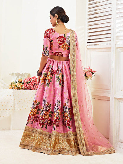 Myra Pink Floral Print Embroidered Designer Lehenga - Distacart