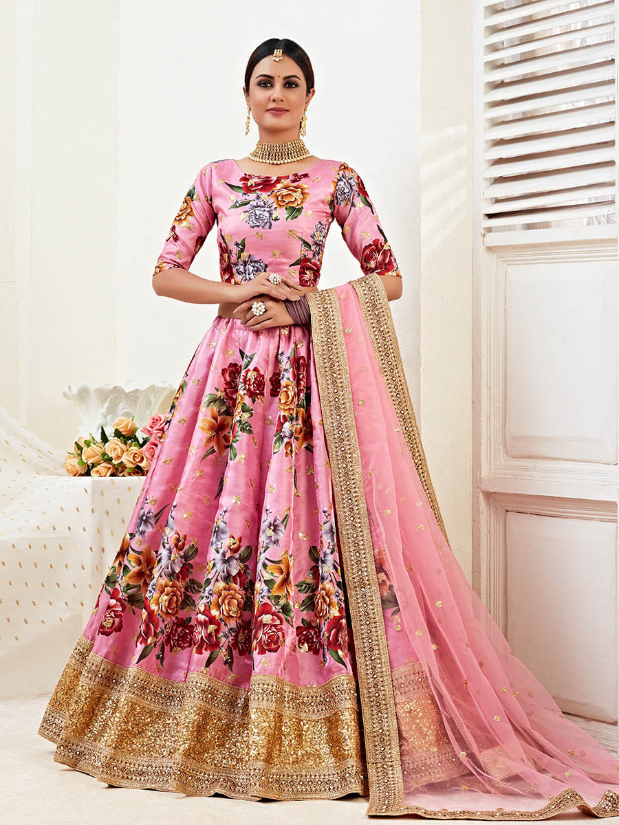 Myra Pink Floral Print Embroidered Designer Lehenga - Distacart