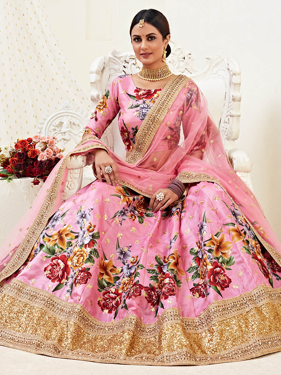 Myra Pink Floral Print Embroidered Designer Lehenga - Distacart