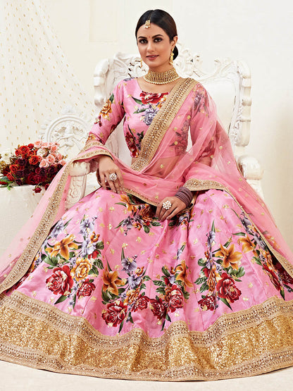 Myra Pink Floral Print Embroidered Designer Lehenga - Distacart