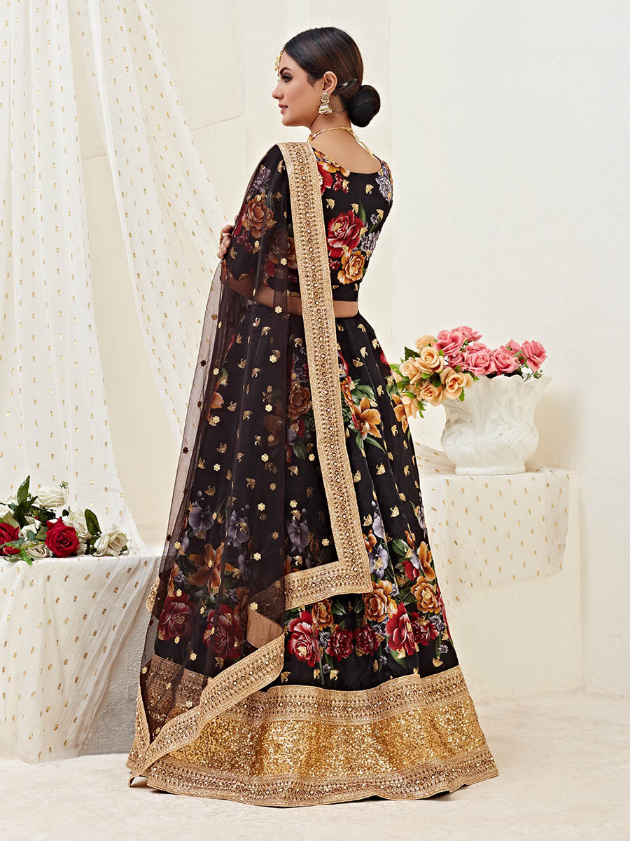 Myra Black Floral Print Embroidered Designer Lehenga - Distacart