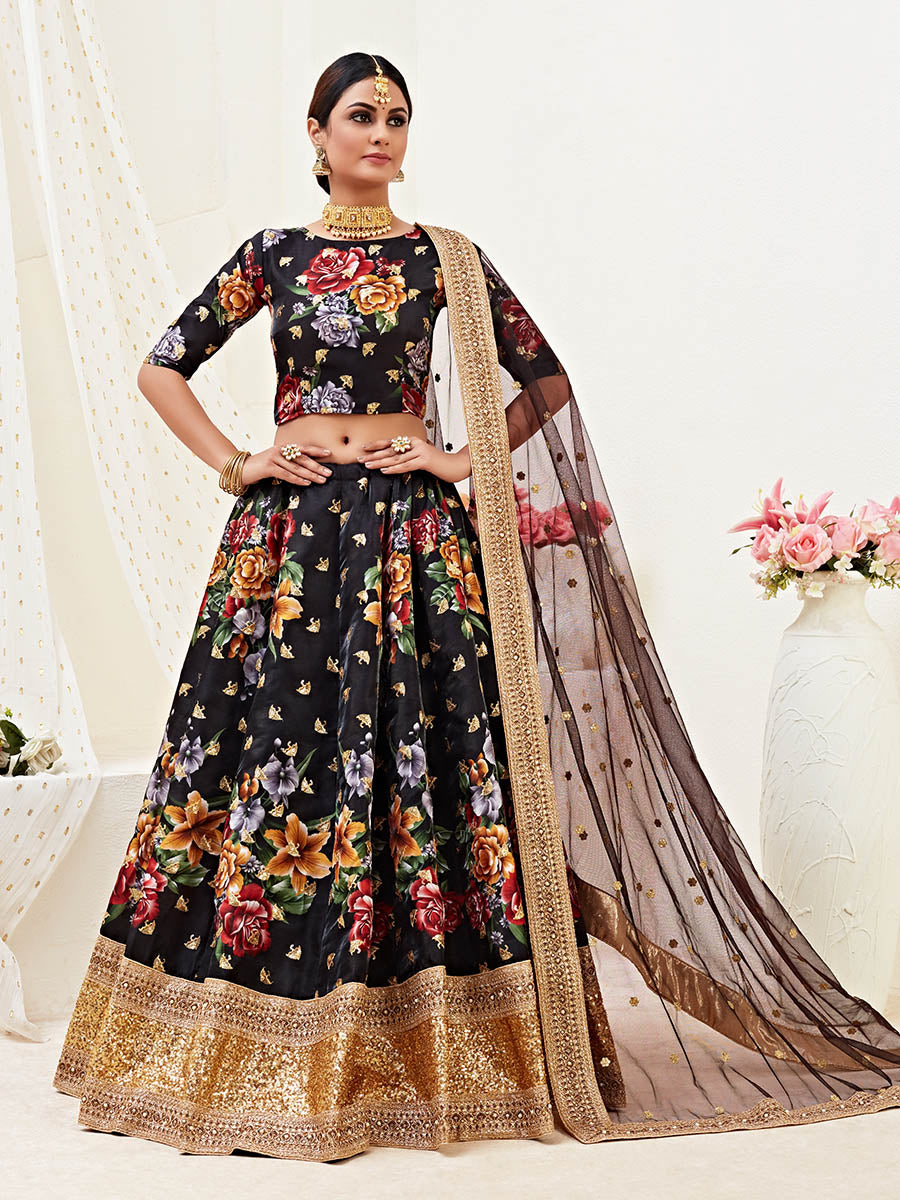 Myra Black Floral Print Embroidered Designer Lehenga - Distacart