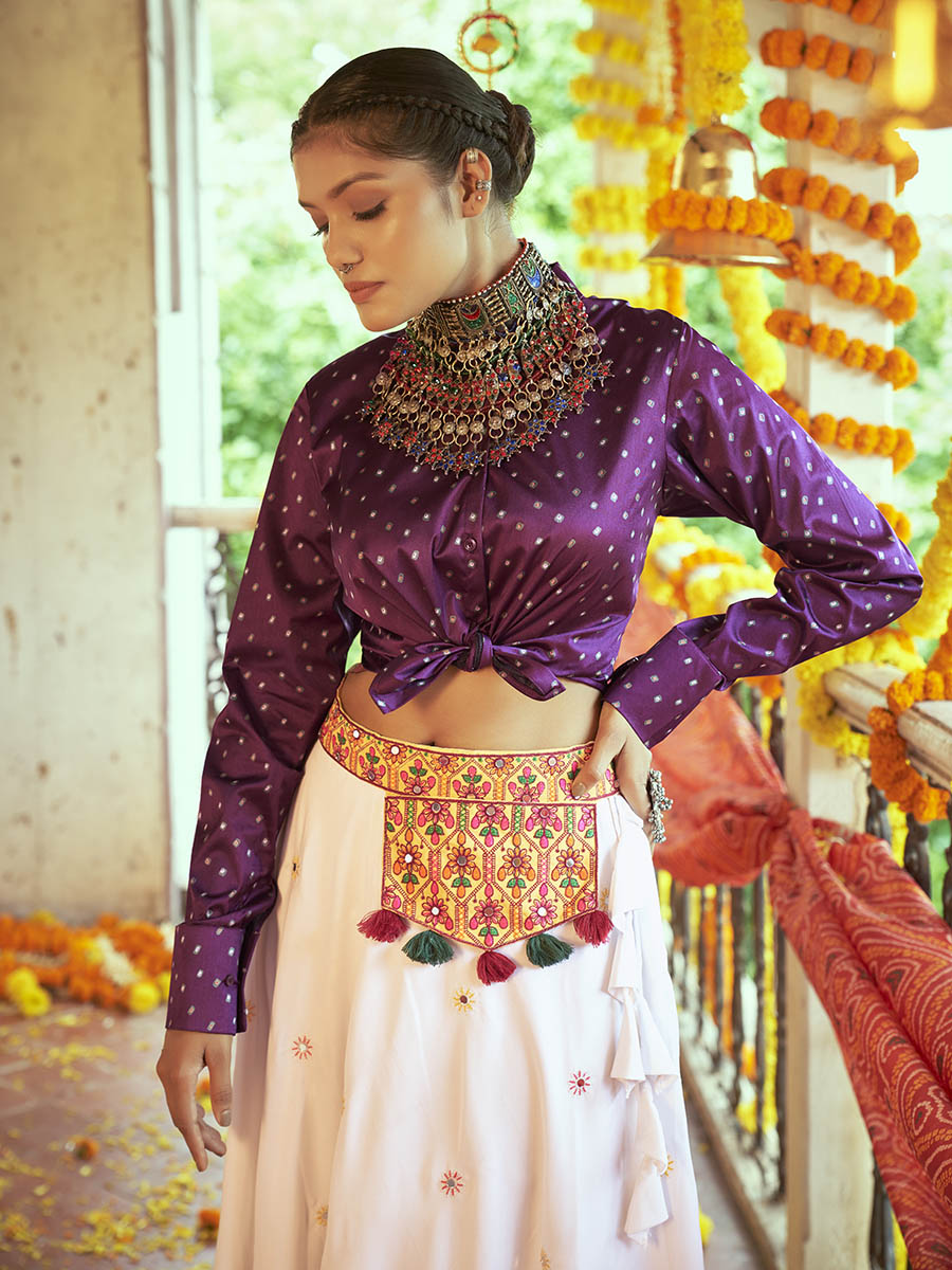 Myra Purple & White Cotton Embroidered Navratri Special Lehenga - Distacart