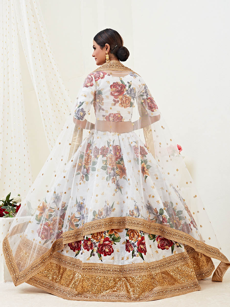 Myra White Floral Print Embroidered Designer Lehenga - Distacart