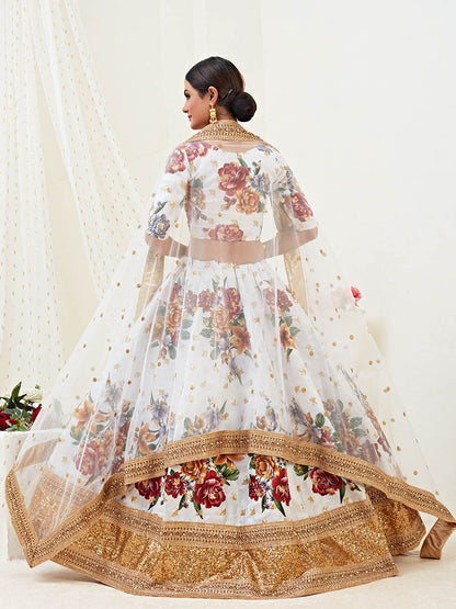Myra White Floral Print Embroidered Designer Lehenga - Distacart