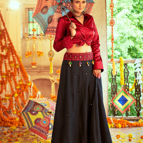 Myra Maroon & Black Cotton Embroidered Navratri Special Lehenga - Distacart