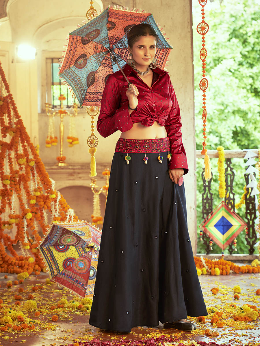 Myra Maroon & Black Cotton Embroidered Navratri Special Lehenga - Distacart