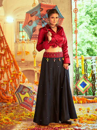 Myra Maroon & Black Cotton Embroidered Navratri Special Lehenga - Distacart